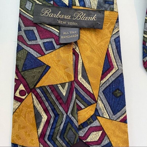 Vintage Barbara Blank Silk Geometric Tie Gold, Blue, Gray + Burgundy - Picture 2 of 2